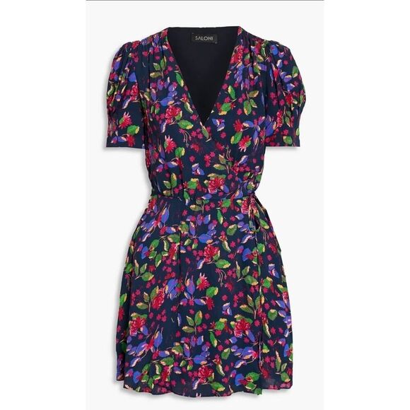 SALONI Lea Gathered Floral-Print Crepe De Chine Mini Wrap Dress | 2 Cottagecore - Picture 2 of 16